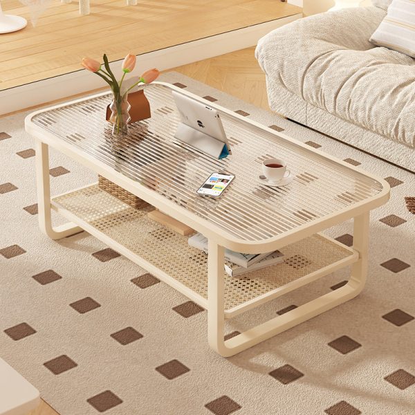 Modern Minimalist Rectangular Round Corner Glass Metal Frame Coffee Table 2-Tier For Living Room