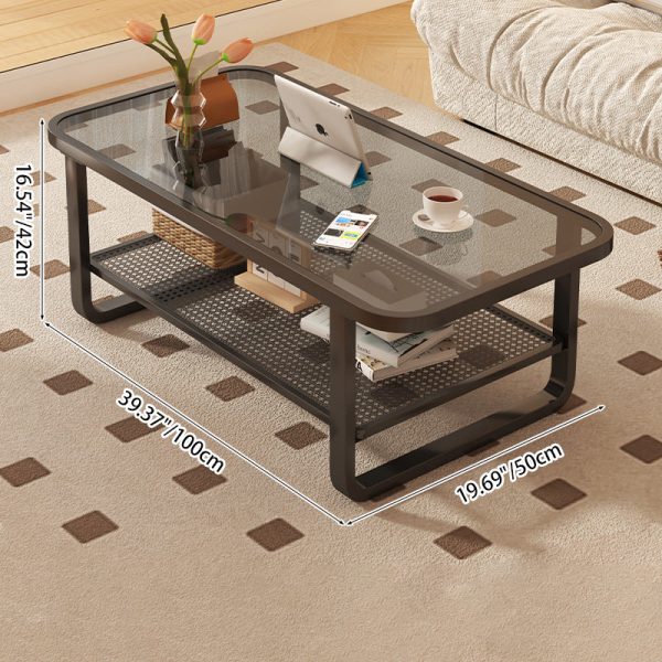 Modern Minimalist Rectangular Round Corner Glass Metal Frame Coffee Table 2-Tier For Living Room - Image 4