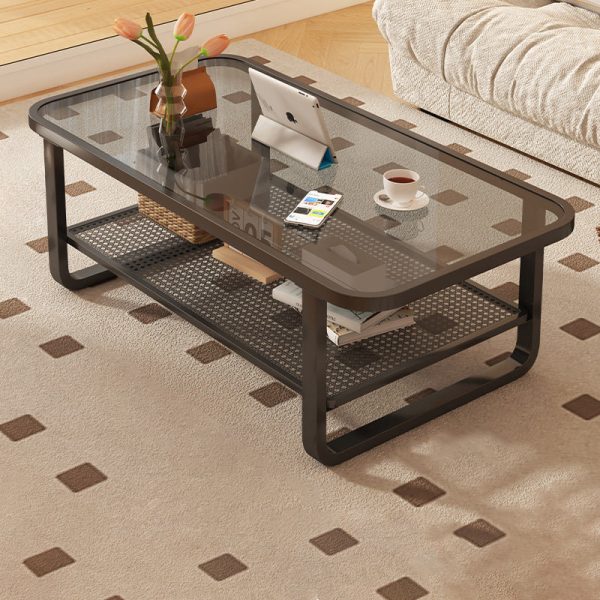 Modern Minimalist Rectangular Round Corner Glass Metal Frame Coffee Table 2-Tier For Living Room - Image 14