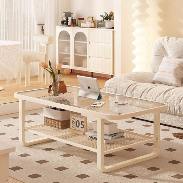 Modern Minimalist Rectangular Round Corner Glass Metal Frame Coffee Table 2-Tier For Living Room - Image 13
