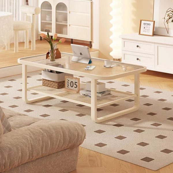 Modern Minimalist Rectangular Round Corner Glass Metal Frame Coffee Table 2-Tier For Living Room - Image 3
