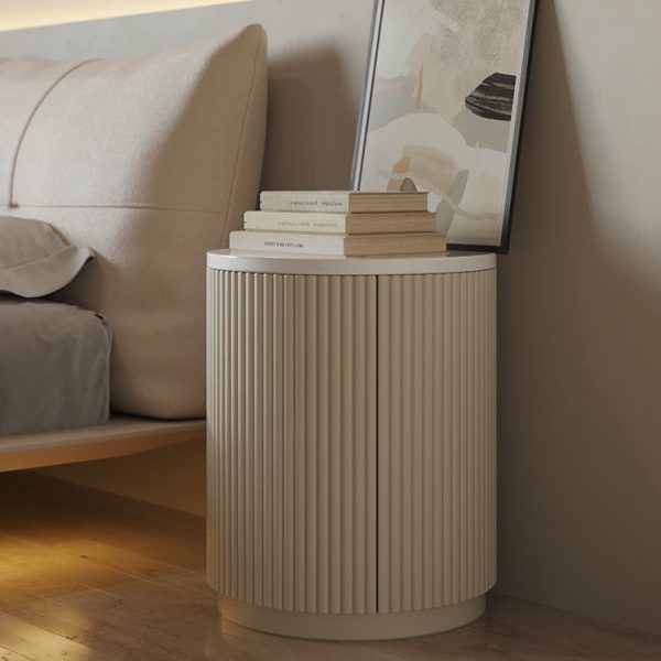Modern Minimalist Cylinder Stripe Solid Wood Panel Medium Fiberboard Nightstand 1-Cabinet For Bedroom - Image 3