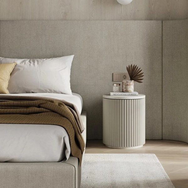 Modern Minimalist Cylinder Stripe Solid Wood Panel Medium Fiberboard Nightstand 1-Cabinet For Bedroom - Image 12