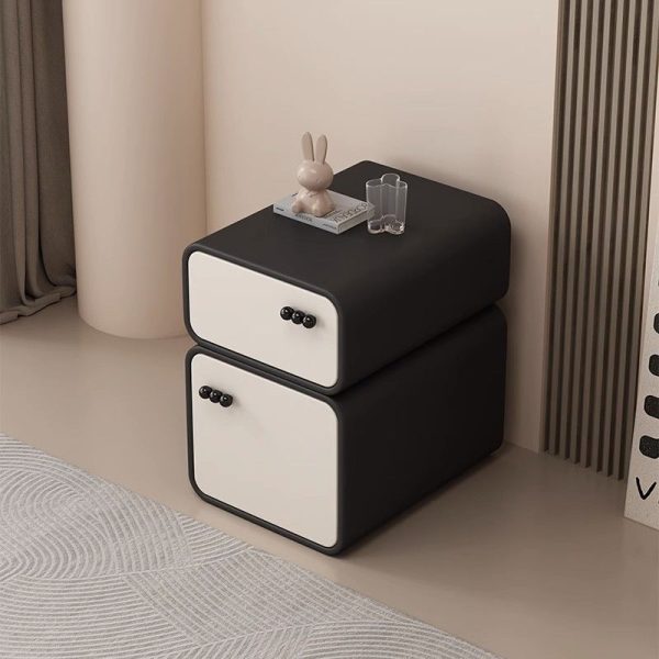 Contemporary Nordic Cream Rectangular Round Corner Microfiber Leather Rock Slab Nightstand 2-Drawer For Bedroom - Image 12