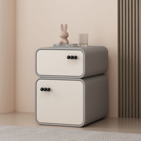 Contemporary Nordic Cream Rectangular Round Corner Microfiber Leather Rock Slab Nightstand 2-Drawer For Bedroom - Image 15
