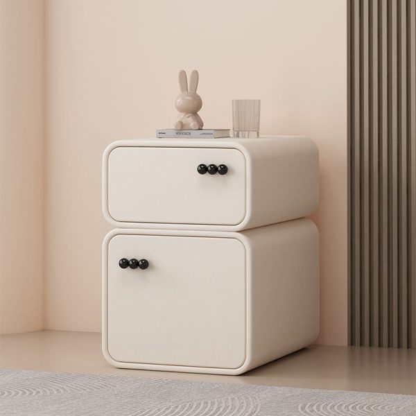 Contemporary Nordic Cream Rectangular Round Corner Microfiber Leather Rock Slab Nightstand 2-Drawer For Bedroom - Image 2
