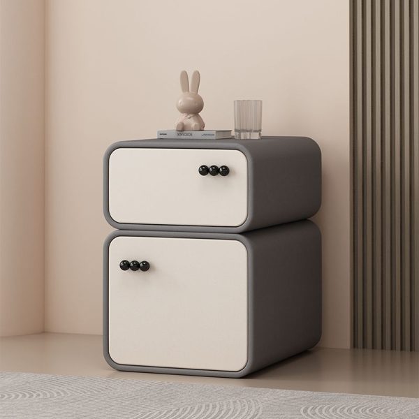 Contemporary Nordic Cream Rectangular Round Corner Microfiber Leather Rock Slab Nightstand 2-Drawer For Bedroom - Image 17