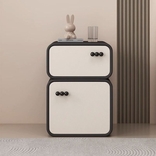 Contemporary Nordic Cream Rectangular Round Corner Microfiber Leather Rock Slab Nightstand 2-Drawer For Bedroom - Image 18
