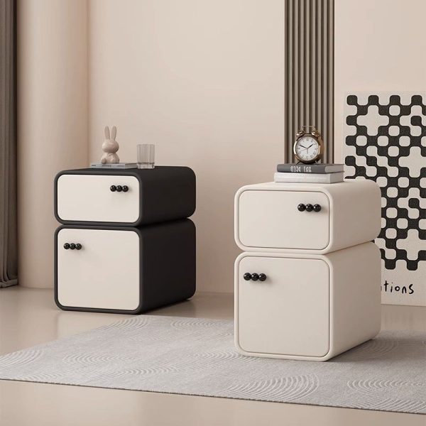 Contemporary Nordic Cream Rectangular Round Corner Microfiber Leather Rock Slab Nightstand 2-Drawer For Bedroom - Image 19