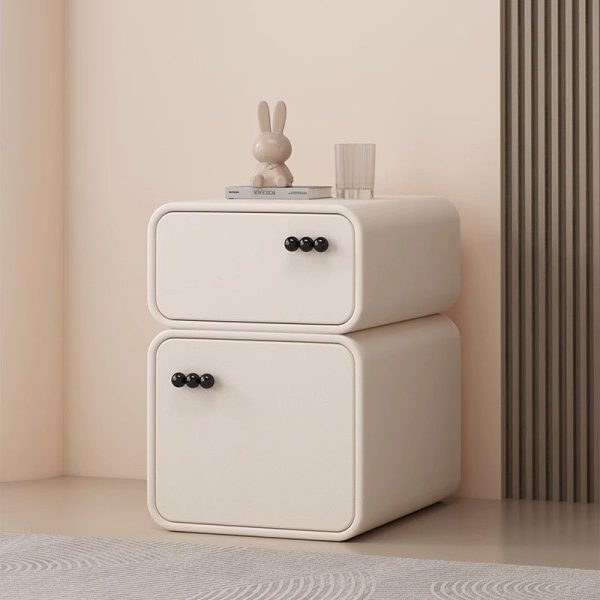 Contemporary Nordic Cream Rectangular Round Corner Microfiber Leather Rock Slab Nightstand 2-Drawer For Bedroom - Image 11