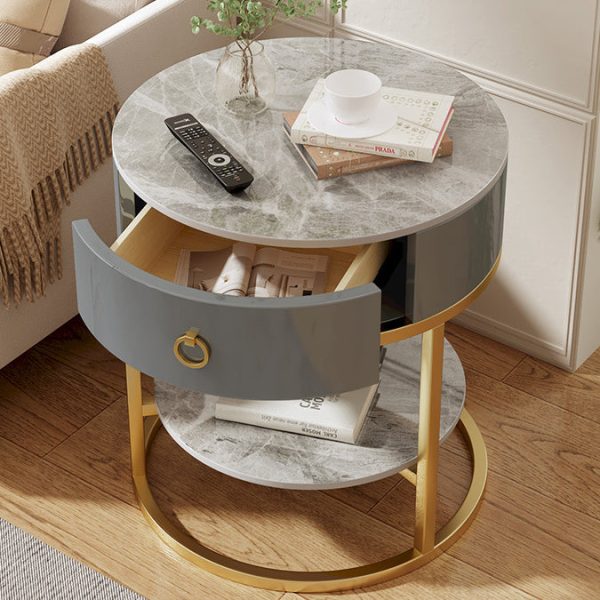 Modern Minimalist Round Cylinder Striped Rock Slab PP Carbon Steel End Table 1-Drawer 2-Tier For Living Room - Image 8