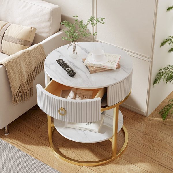 Modern Minimalist Round Cylinder Striped Rock Slab PP Carbon Steel End Table 1-Drawer 2-Tier For Living Room - Image 15