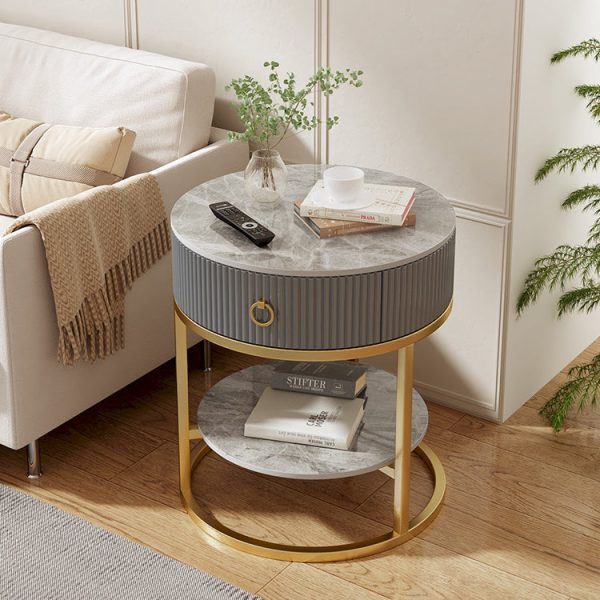 Modern Minimalist Round Cylinder Striped Rock Slab PP Carbon Steel End Table 1-Drawer 2-Tier For Living Room - Image 16