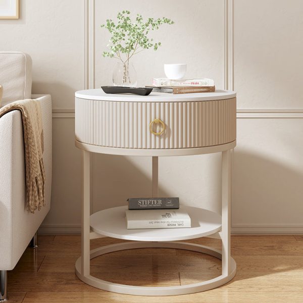 Modern Minimalist Round Cylinder Striped Rock Slab PP Carbon Steel End Table 1-Drawer 2-Tier For Living Room - Image 17