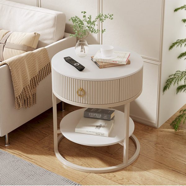 Modern Minimalist Round Cylinder Striped Rock Slab PP Carbon Steel End Table 1-Drawer 2-Tier For Living Room - Image 18