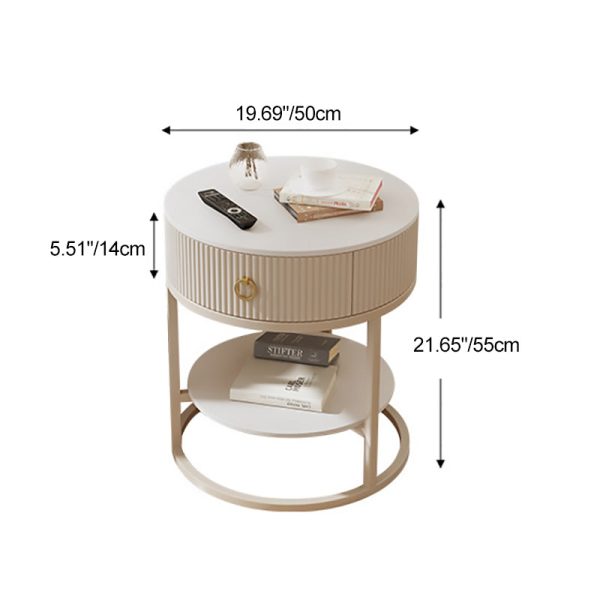Modern Minimalist Round Cylinder Striped Rock Slab PP Carbon Steel End Table 1-Drawer 2-Tier For Living Room - Image 5