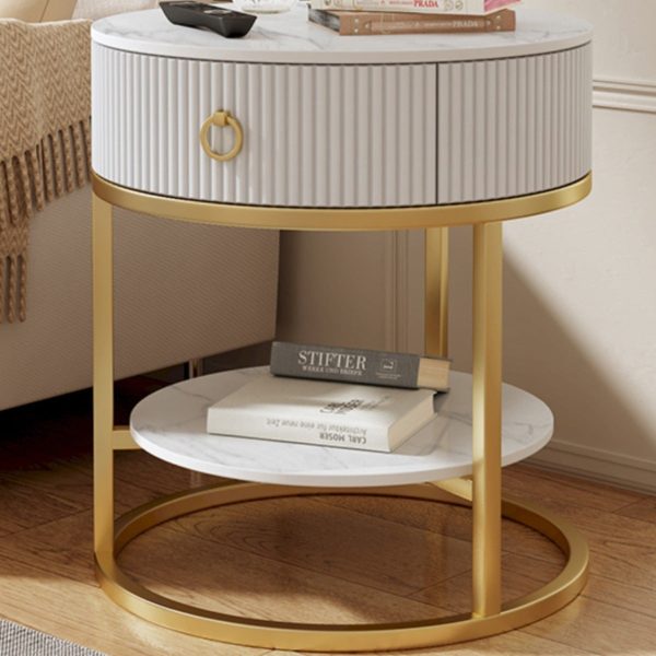 Modern Minimalist Rock Slab & Carbon Steel Round Side Table With 1-Drawer For Bedroom & Living Room - Image 6