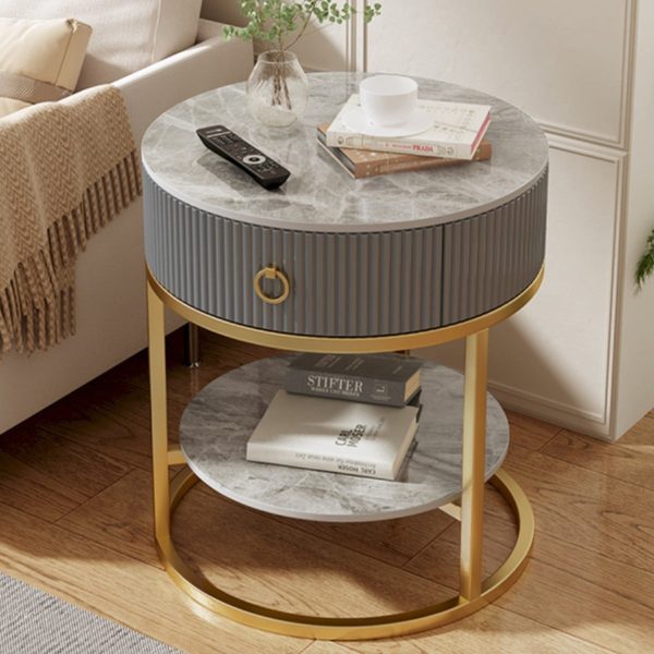 Modern Minimalist Round Cylinder Striped Rock Slab PP Carbon Steel End Table 1-Drawer 2-Tier For Living Room - Image 3
