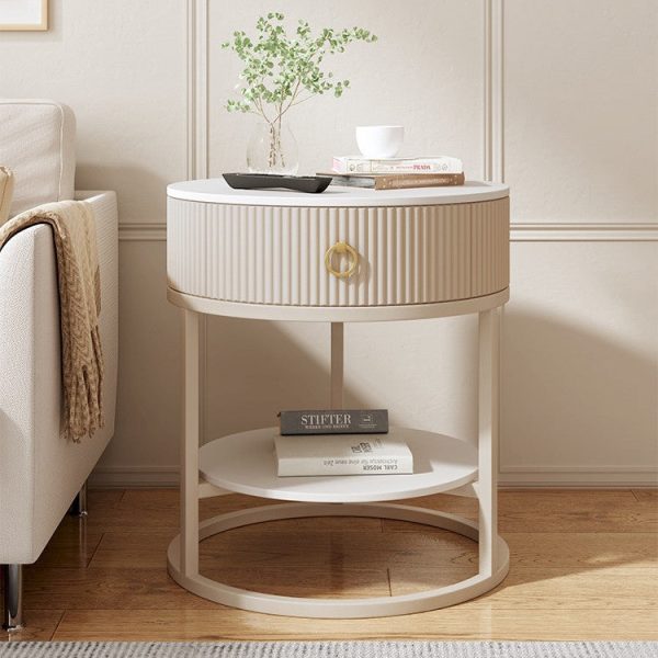 Modern Minimalist Rock Slab & Carbon Steel Round Side Table With 1-Drawer For Bedroom & Living Room - Image 9