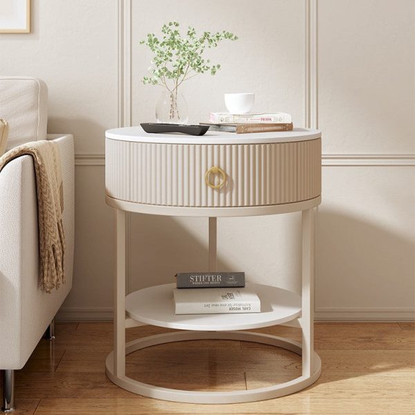 Modern Minimalist Rock Slab & Carbon Steel Round Side Table With 1-Drawer For Bedroom & Living Room - Image 14