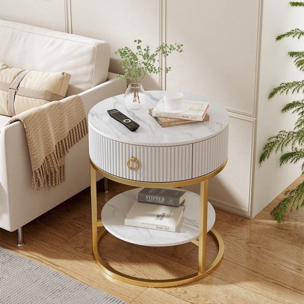 Modern Minimalist Rock Slab & Carbon Steel Round Side Table With 1-Drawer For Bedroom & Living Room - Image 2