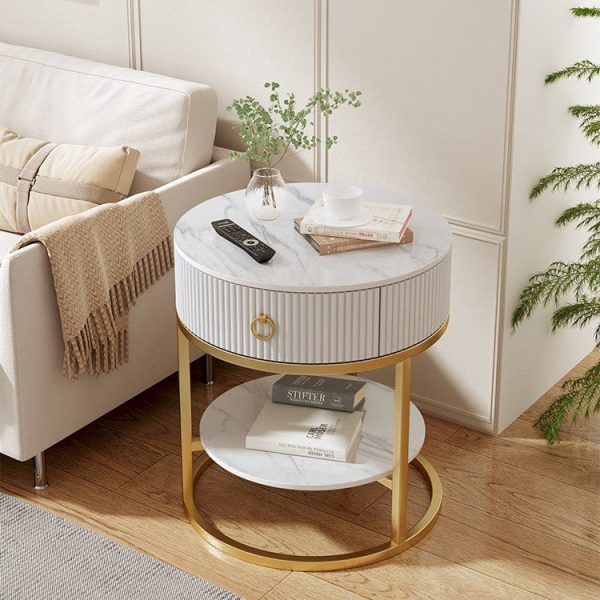 Modern Minimalist Rock Slab & Carbon Steel Round Side Table With 1-Drawer For Bedroom & Living Room - Image 12
