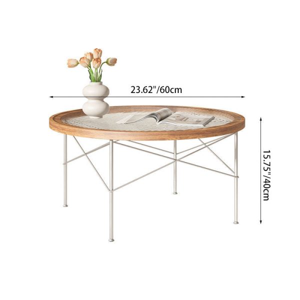 Modern Minimalist Round Iron Wood Glass Coffee Table 4 Legs For Living Room - Image 4