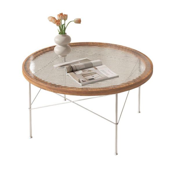 Modern Minimalist Round Iron Wood Glass Coffee Table 4 Legs For Living Room - Image 10