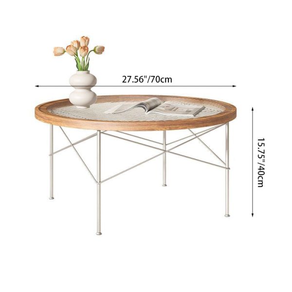 Modern Minimalist Round Iron Wood Glass Coffee Table 4 Legs For Living Room - Image 5