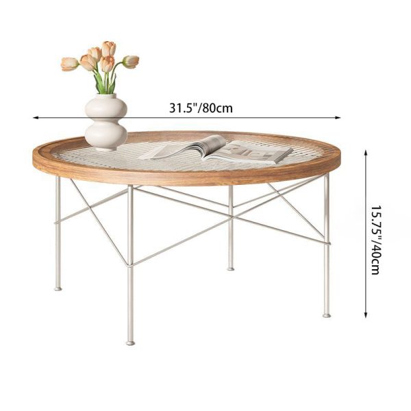 Modern Minimalist Round Iron Wood Glass Coffee Table 4 Legs For Living Room - Image 6