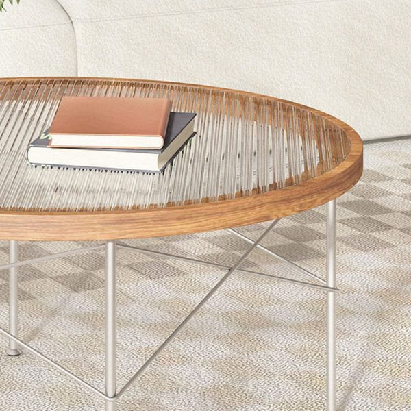 Modern Minimalist Round Iron Wood Glass Coffee Table 4 Legs For Living Room - Image 8