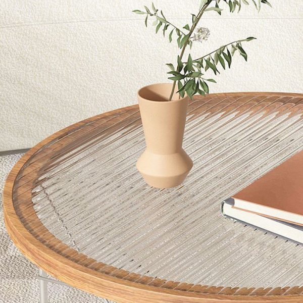 Modern Minimalist Round Iron Wood Glass Coffee Table 4 Legs For Living Room - Image 7