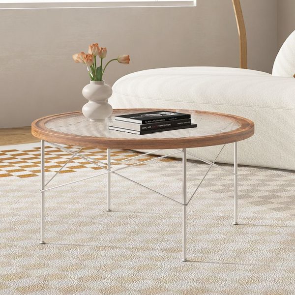 Modern Minimalist Round Iron Wood Glass Coffee Table 4 Legs For Living Room