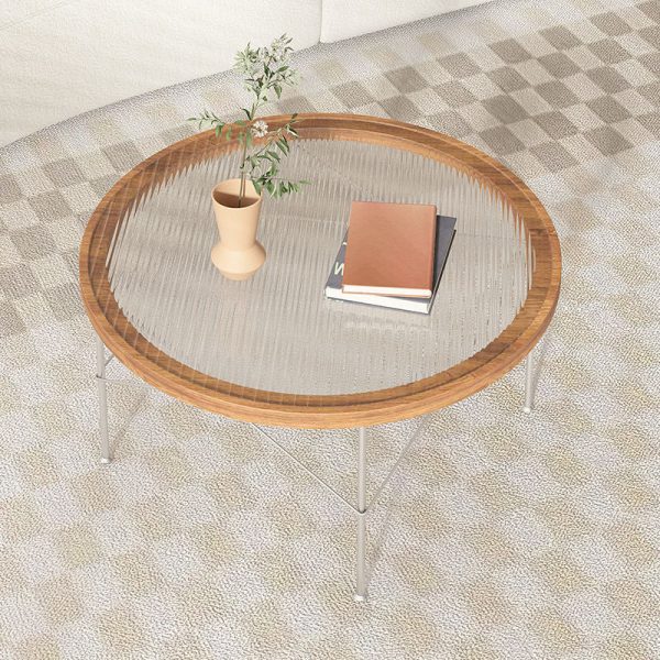 Modern Minimalist Round Iron Wood Glass Coffee Table 4 Legs For Living Room - Image 2