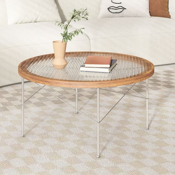 Modern Minimalist Round Iron Wood Glass Coffee Table 4 Legs For Living Room - Image 3