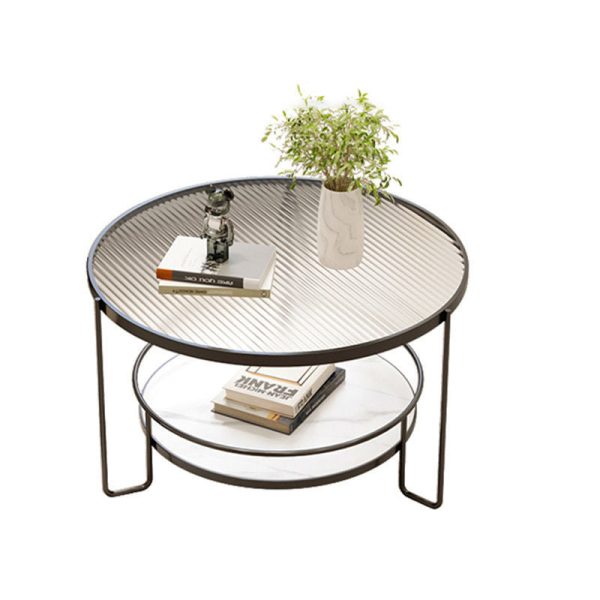 Modern Minimalist Round Iron Rock Slab Glass Coffee Table 2-Tier for Living Room - Image 14