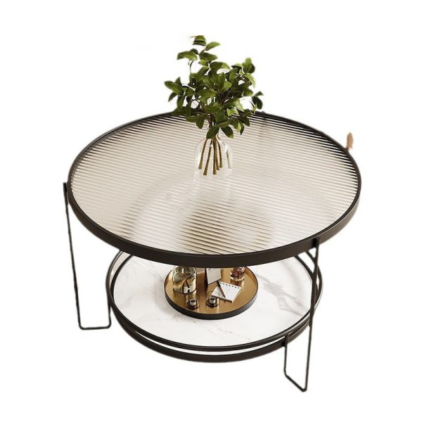 Modern Minimalist Round Iron Rock Slab Glass Coffee Table 2-Tier for Living Room - Image 15