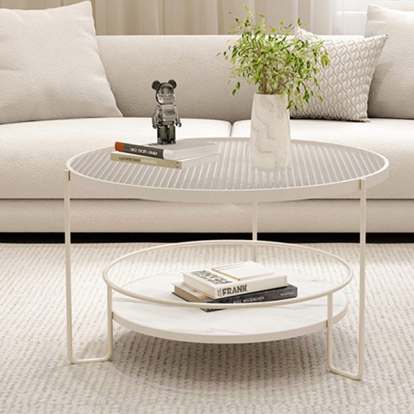 Modern Minimalist Round Iron Rock Slab Glass Coffee Table 2-Tier for Living Room