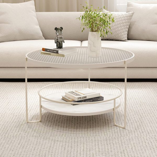 Modern Minimalist Round Iron Rock Slab Glass Coffee Table 2-Tier for Living Room - Image 8
