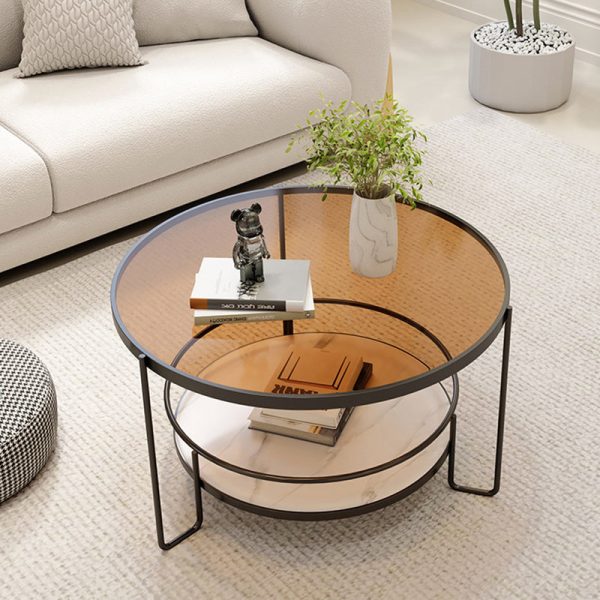 Modern Minimalist Round Iron Rock Slab Glass Coffee Table 2-Tier for Living Room - Image 10