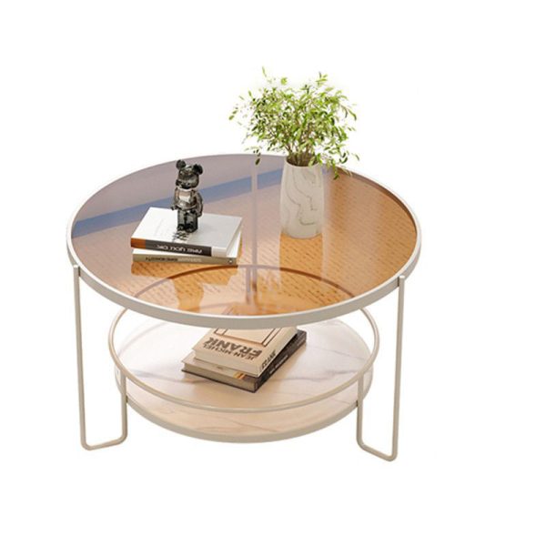 Modern Minimalist Round Iron Rock Slab Glass Coffee Table 2-Tier for Living Room - Image 12