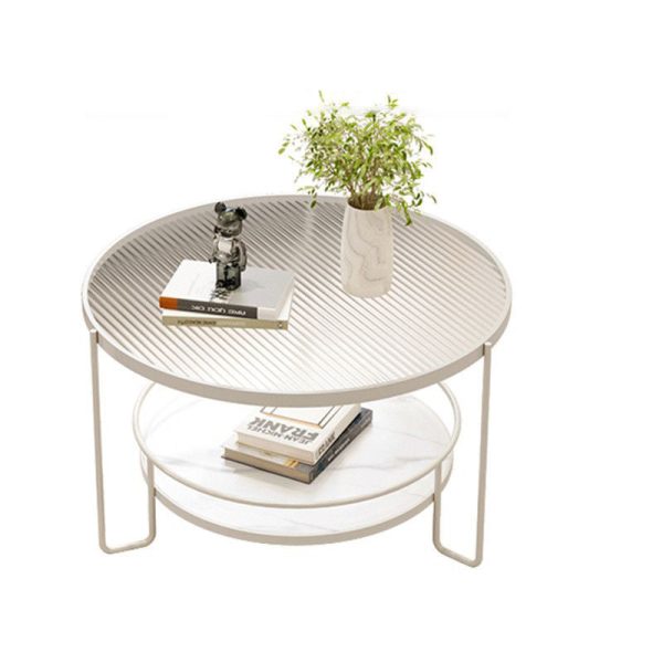 Modern Minimalist Round Iron Rock Slab Glass Coffee Table 2-Tier for Living Room - Image 13