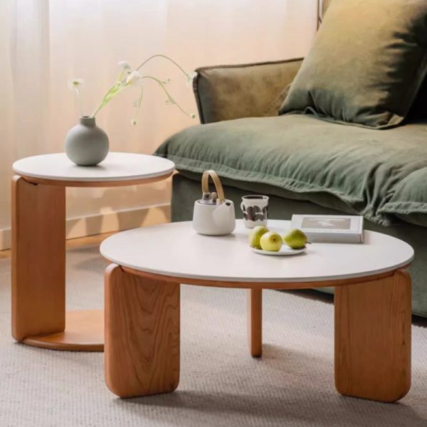 Modern Minimalist Round Cherry Wood Rock Slab Coffee Table 2-Tier for Living Room