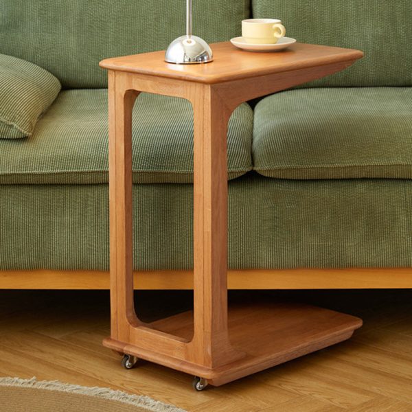 Modern Simplicity C-Shaped Rectangular Hollowed Rubber Wood End Table Movable 2-Tier For Living Room