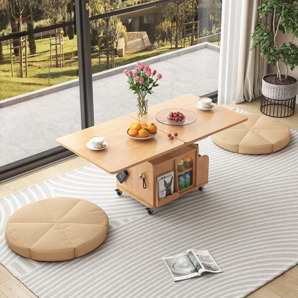 Contemporary Retro Weaving Rattan Glass Wood Metal Square Rectangular Movable Cart Liftable Coffee Table 2-Storage Shelf For Living Room - Image 3