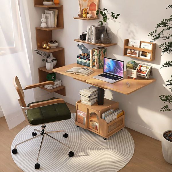 Contemporary Retro Weaving Rattan Glass Wood Metal Square Rectangular Movable Cart Liftable Coffee Table 2-Storage Shelf For Living Room - Image 11