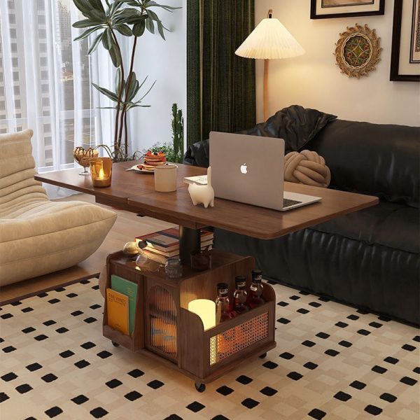 Contemporary Retro Weaving Rattan Glass Wood Metal Square Rectangular Movable Cart Liftable Coffee Table 2-Storage Shelf For Living Room - Image 2