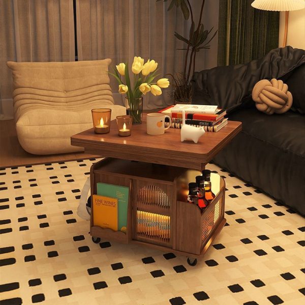 Contemporary Retro Weaving Rattan Glass Wood Metal Square Rectangular Movable Cart Liftable Coffee Table 2-Storage Shelf For Living Room - Image 6