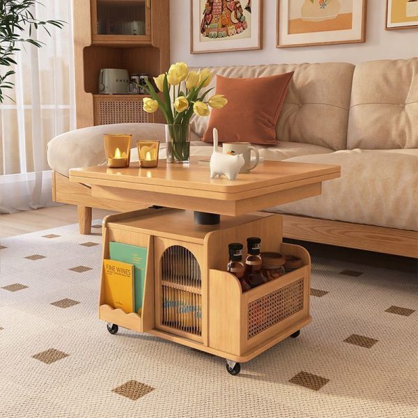 Contemporary Retro Weaving Rattan Glass Wood Metal Square Rectangular Movable Cart Liftable Coffee Table 2-Storage Shelf For Living Room - Image 12