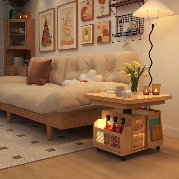 Contemporary Retro Weaving Rattan Glass Wood Metal Square Rectangular Movable Cart Liftable Coffee Table 2-Storage Shelf For Living Room - Image 13